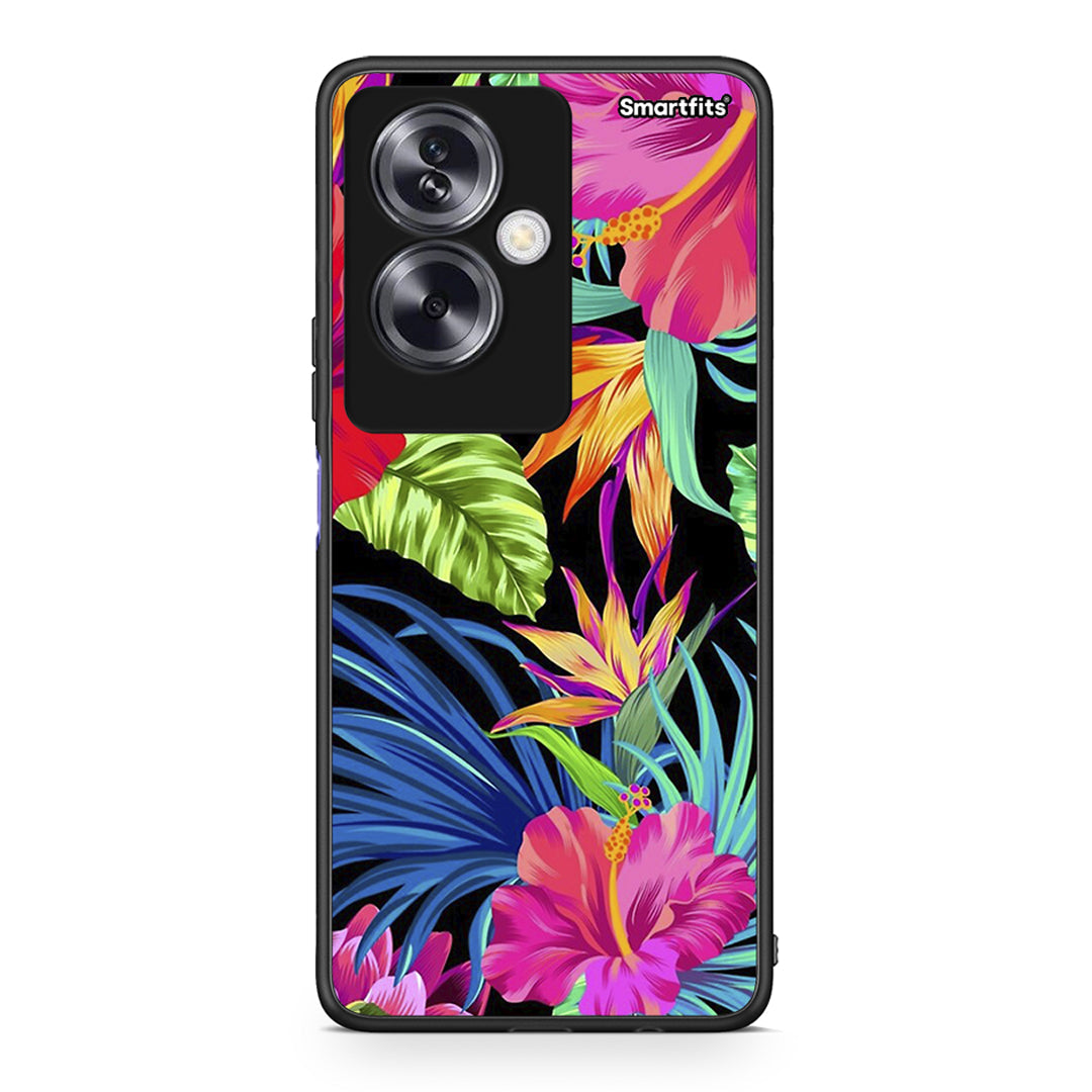 Oppo A79 / A2 Tropical Flowers θήκη από τη Smartfits με σχέδιο στο πίσω μέρος και μαύρο περίβλημα | Smartphone case with colorful back and black bezels by Smartfits