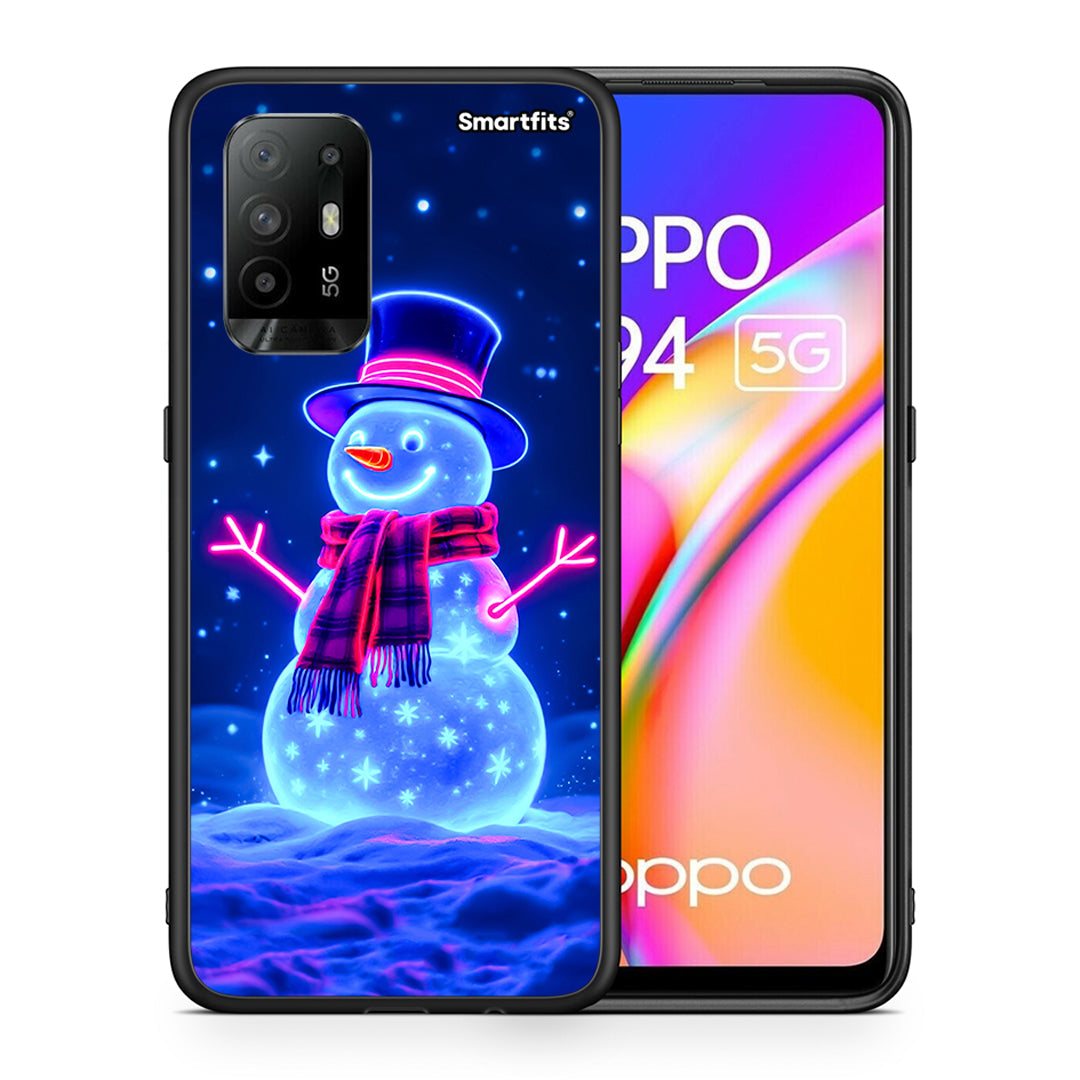 Θήκη Oppo A94 5G Christmas Neon Snowman από τη Smartfits με σχέδιο στο πίσω μέρος και μαύρο περίβλημα | Oppo A94 5G Christmas Neon Snowman case with colorful back and black bezels