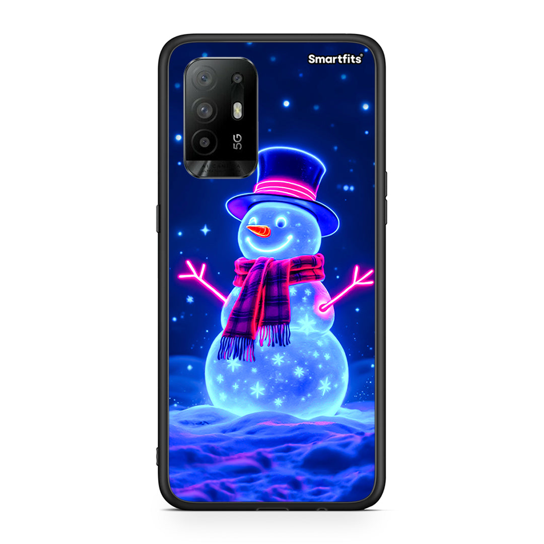 Oppo A94 5G Christmas Neon Snowman θήκη από τη Smartfits με σχέδιο στο πίσω μέρος και μαύρο περίβλημα | Smartphone case with colorful back and black bezels by Smartfits