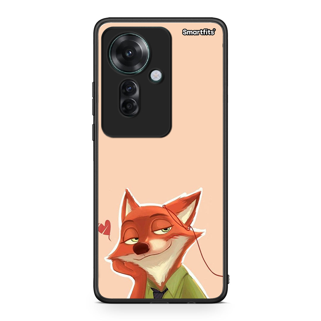 Oppo Reno11 F 5G Nick Wilde And Judy Hopps Love 1 θήκη από τη Smartfits με σχέδιο στο πίσω μέρος και μαύρο περίβλημα | Smartphone case with colorful back and black bezels by Smartfits