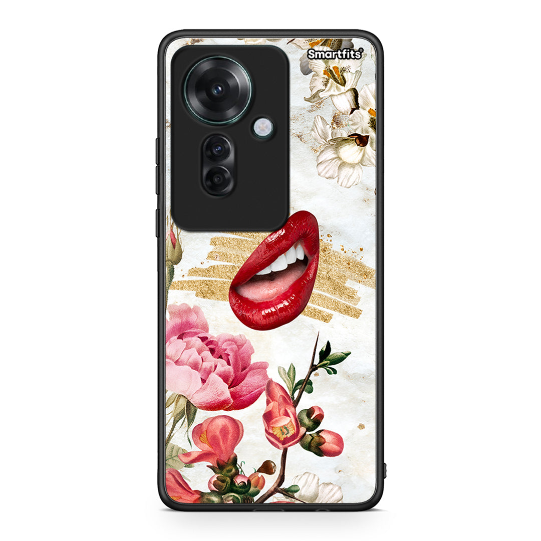 Oppo Reno11 F 5G Red Lips θήκη από τη Smartfits με σχέδιο στο πίσω μέρος και μαύρο περίβλημα | Smartphone case with colorful back and black bezels by Smartfits