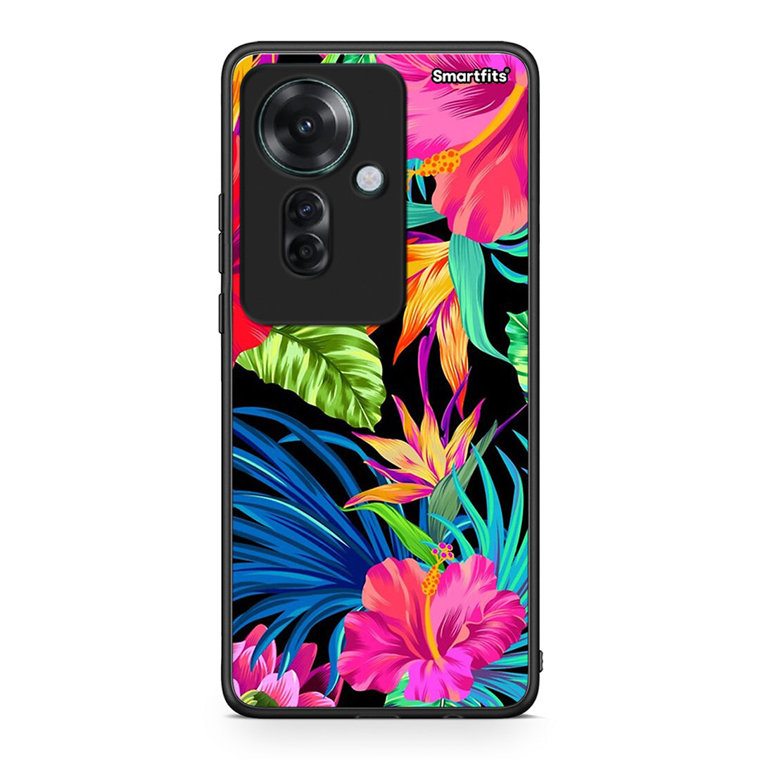 Oppo Reno11 F 5G Tropical Flowers θήκη από τη Smartfits με σχέδιο στο πίσω μέρος και μαύρο περίβλημα | Smartphone case with colorful back and black bezels by Smartfits