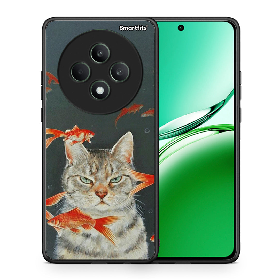 Θήκη Oppo Reno12 F 5G / FS 5G Cat Goldfish από τη Smartfits με σχέδιο στο πίσω μέρος και μαύρο περίβλημα | Oppo Reno12 F 5G / FS 5G Cat Goldfish case with colorful back and black bezels