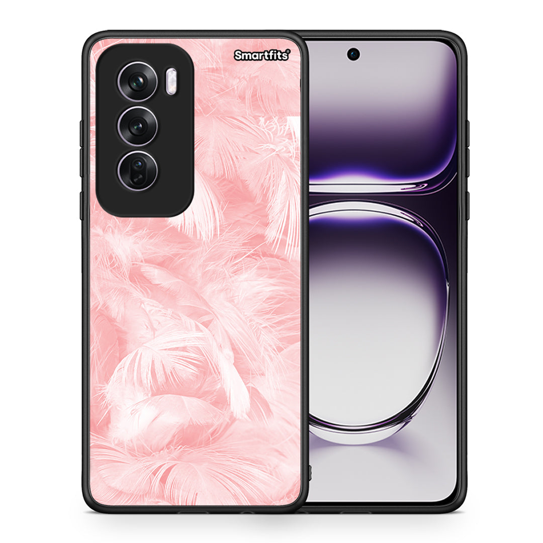 Θήκη Oppo Reno12 Pro Pink Feather Boho από τη Smartfits με σχέδιο στο πίσω μέρος και μαύρο περίβλημα | Oppo Reno12 Pro Pink Feather Boho case with colorful back and black bezels