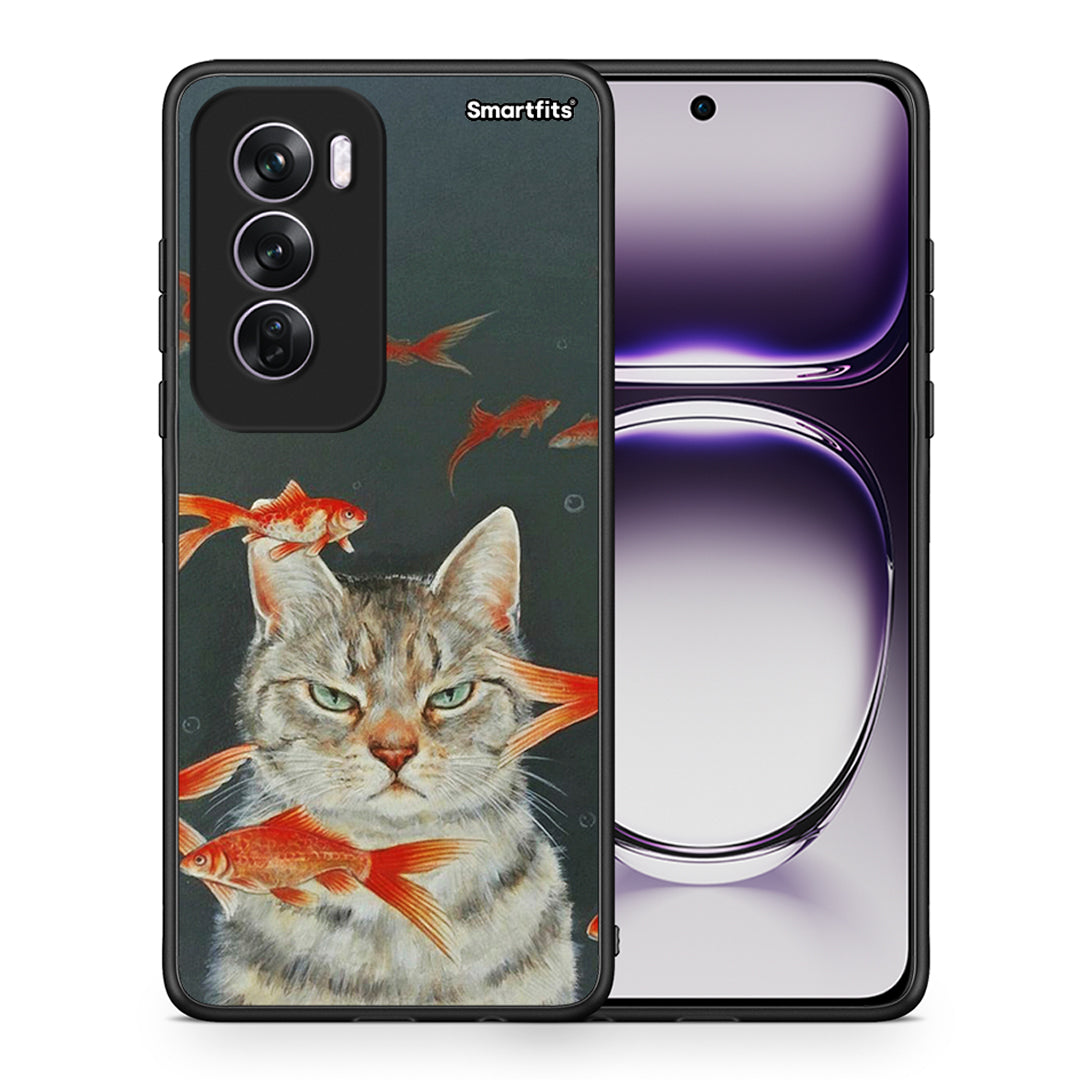 Θήκη Oppo Reno12 Pro Cat Goldfish από τη Smartfits με σχέδιο στο πίσω μέρος και μαύρο περίβλημα | Oppo Reno12 Pro Cat Goldfish case with colorful back and black bezels