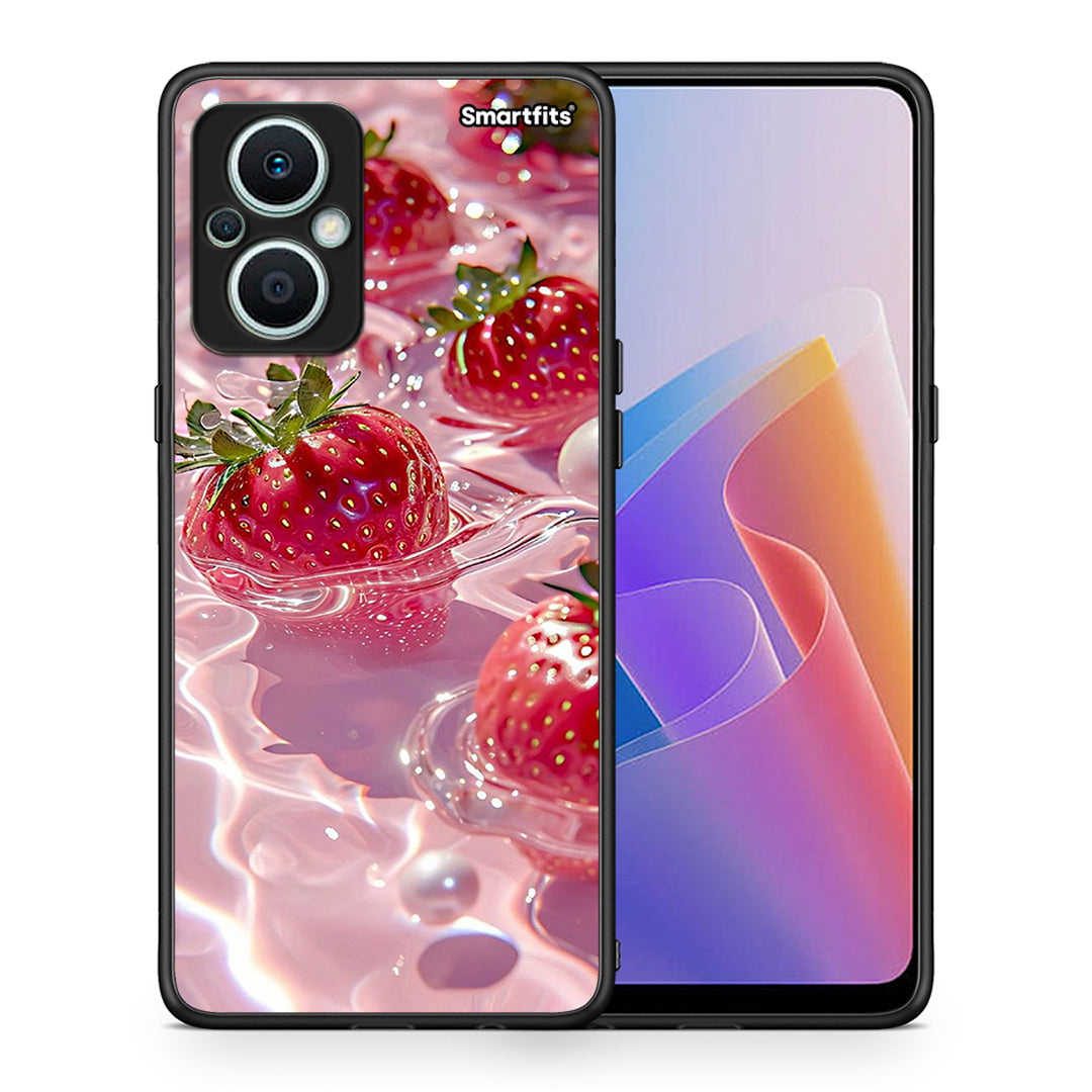 Θήκη Oppo Reno7 Lite Juicy Strawberries από τη Smartfits με σχέδιο στο πίσω μέρος και μαύρο περίβλημα | Oppo Reno7 Lite Juicy Strawberries Case with Colorful Back and Black Bezels