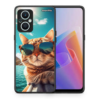 Thumbnail for Θήκη Oppo Reno7 Lite Summer Cat από τη Smartfits με σχέδιο στο πίσω μέρος και μαύρο περίβλημα | Oppo Reno7 Lite Summer Cat Case with Colorful Back and Black Bezels