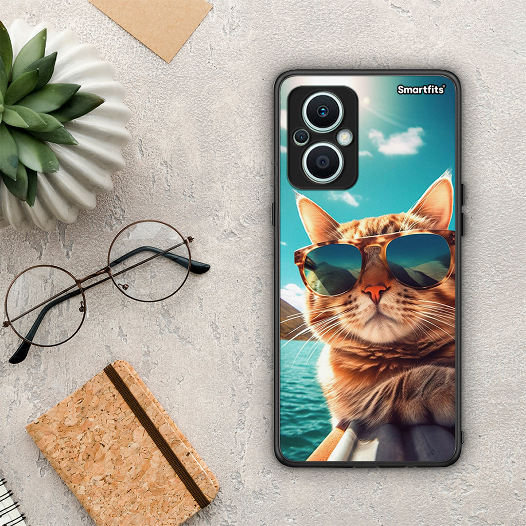 Θήκη Oppo Reno7 Lite Summer Cat από τη Smartfits με σχέδιο στο πίσω μέρος και μαύρο περίβλημα | Oppo Reno7 Lite Summer Cat Case with Colorful Back and Black Bezels