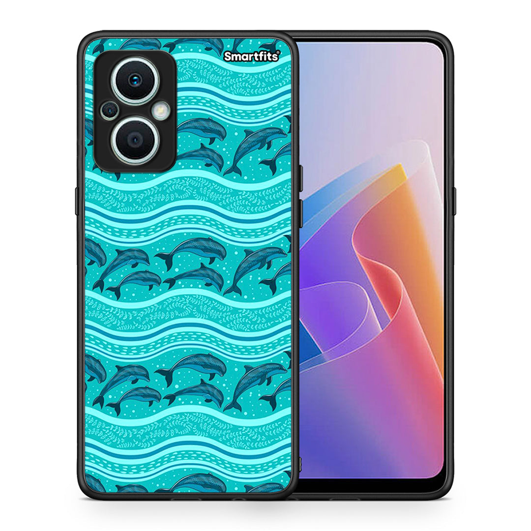 Θήκη Oppo Reno7 Lite Swimming Dolphins από τη Smartfits με σχέδιο στο πίσω μέρος και μαύρο περίβλημα | Oppo Reno7 Lite Swimming Dolphins Case with Colorful Back and Black Bezels