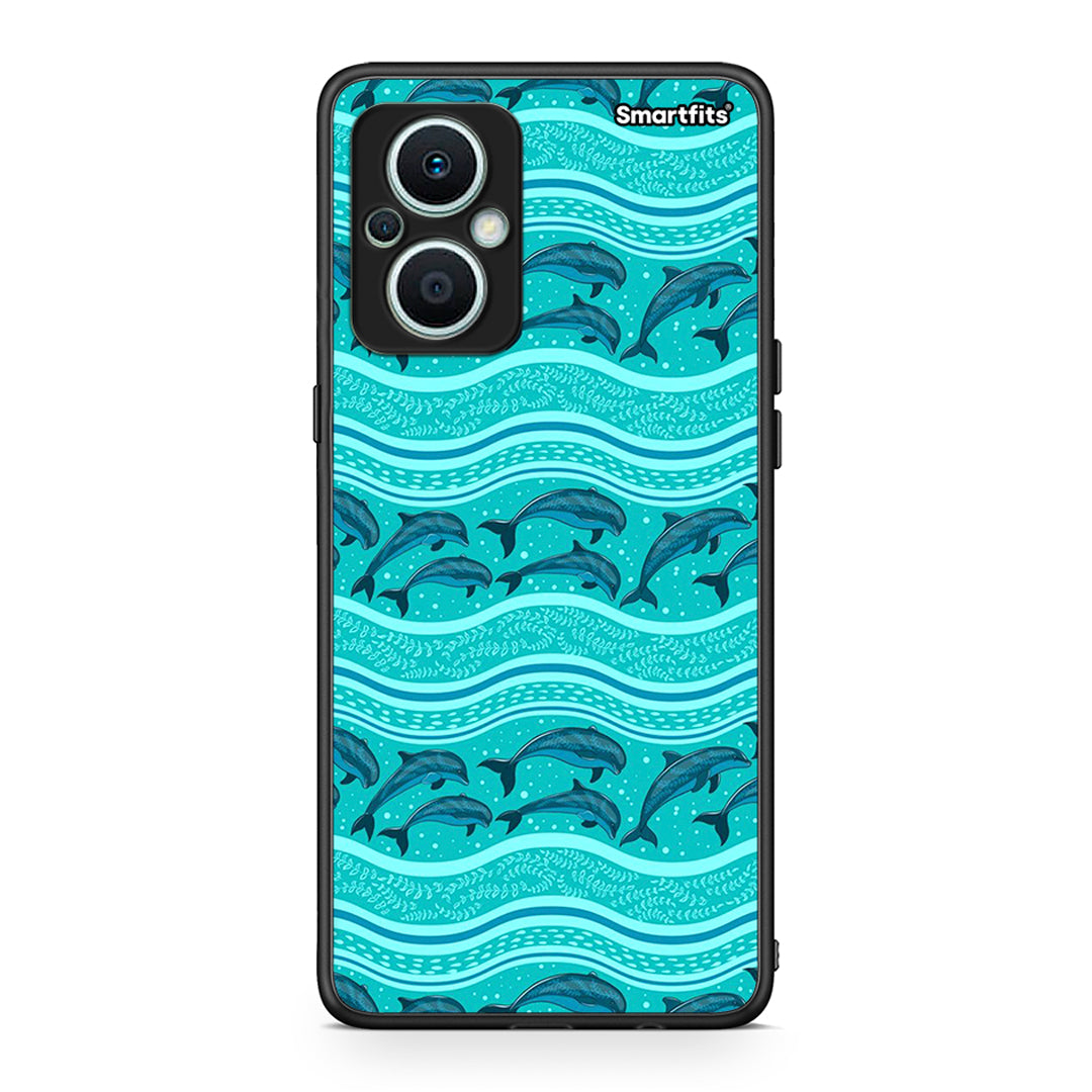 Θήκη Oppo Reno7 Lite Swimming Dolphins από τη Smartfits με σχέδιο στο πίσω μέρος και μαύρο περίβλημα | Oppo Reno7 Lite Swimming Dolphins Case with Colorful Back and Black Bezels