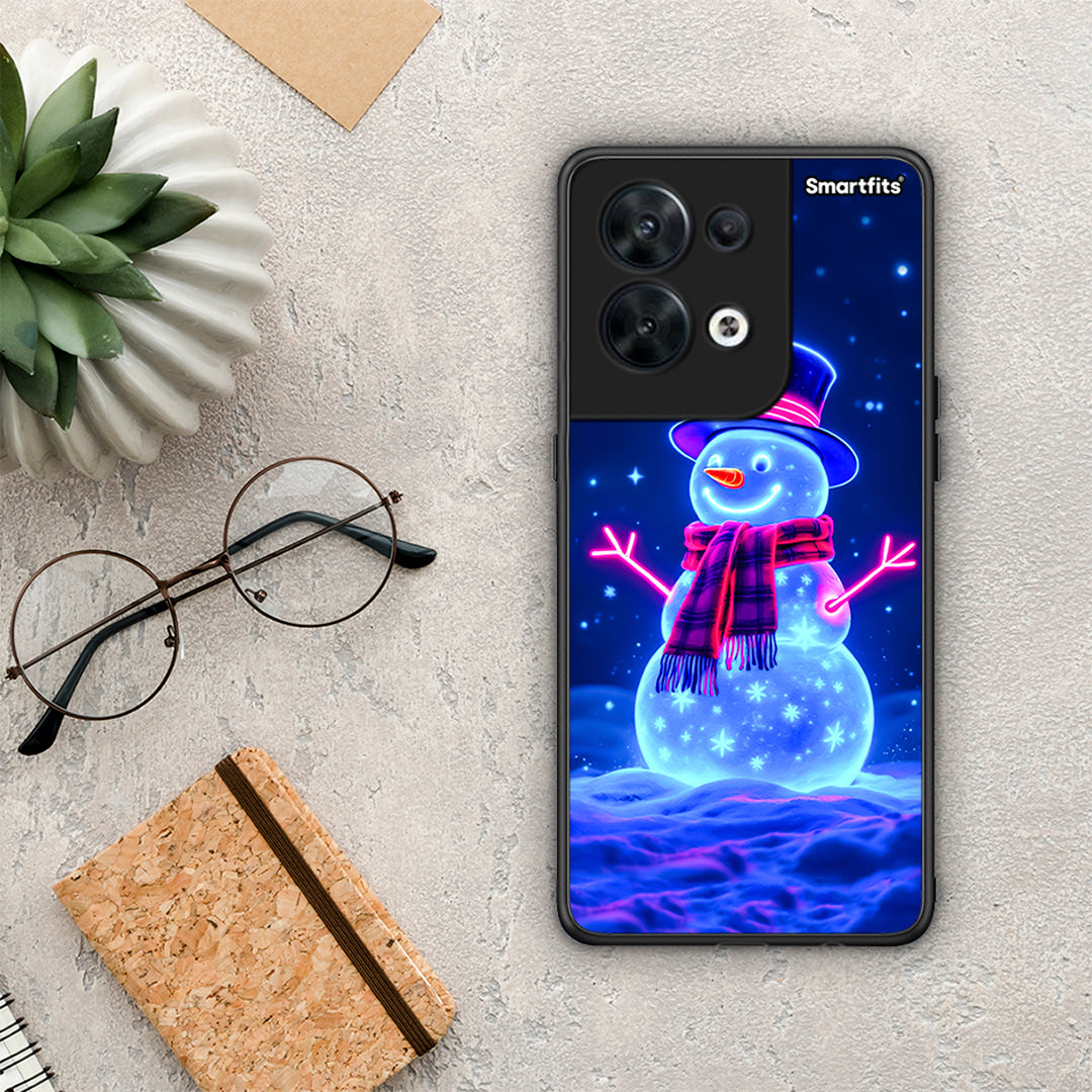 Θήκη Oppo Reno8 5G Christmas Neon Snowman από τη Smartfits με σχέδιο στο πίσω μέρος και μαύρο περίβλημα | Oppo Reno8 5G Christmas Neon Snowman Case with Colorful Back and Black Bezels