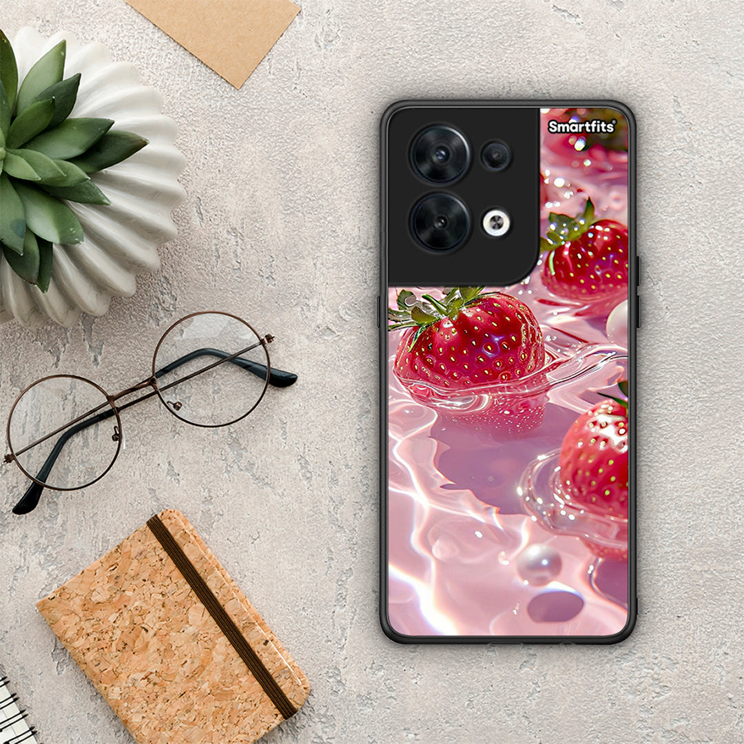 Θήκη Oppo Reno8 5G Juicy Strawberries από τη Smartfits με σχέδιο στο πίσω μέρος και μαύρο περίβλημα | Oppo Reno8 5G Juicy Strawberries Case with Colorful Back and Black Bezels