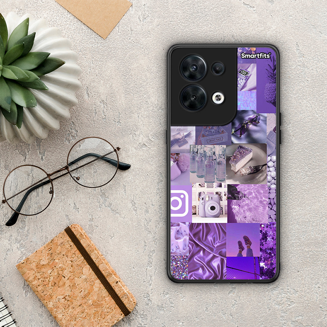 Θήκη Oppo Reno8 5G Purple Aesthetic Collage από τη Smartfits με σχέδιο στο πίσω μέρος και μαύρο περίβλημα | Oppo Reno8 5G Purple Aesthetic Collage Case with Colorful Back and Black Bezels