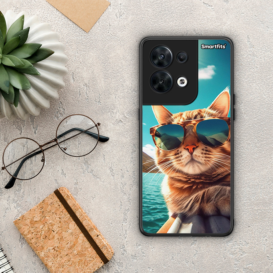 Θήκη Oppo Reno8 5G Summer Cat από τη Smartfits με σχέδιο στο πίσω μέρος και μαύρο περίβλημα | Oppo Reno8 5G Summer Cat Case with Colorful Back and Black Bezels