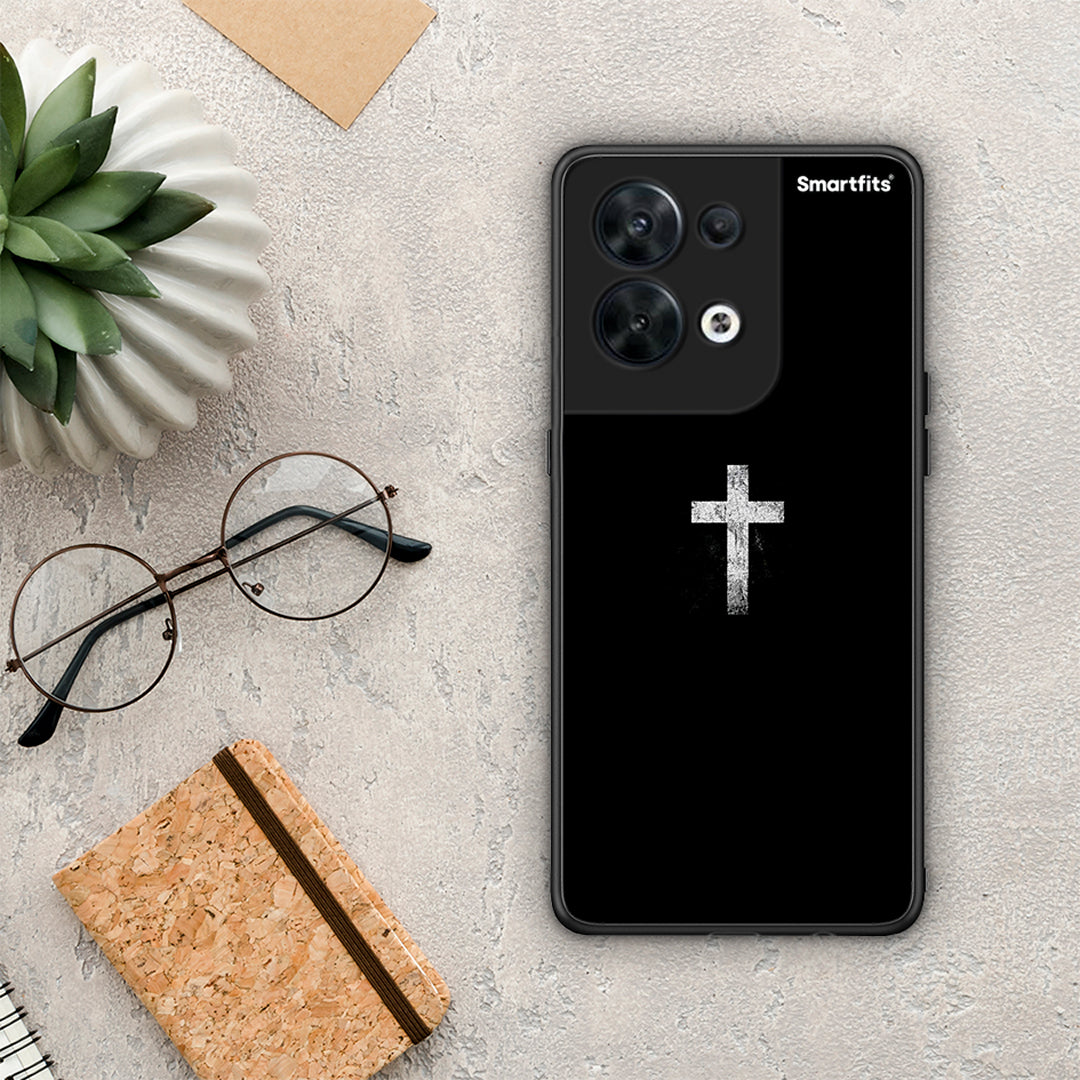 Θήκη Oppo Reno8 5G White Cross από τη Smartfits με σχέδιο στο πίσω μέρος και μαύρο περίβλημα | Oppo Reno8 5G White Cross Case with Colorful Back and Black Bezels