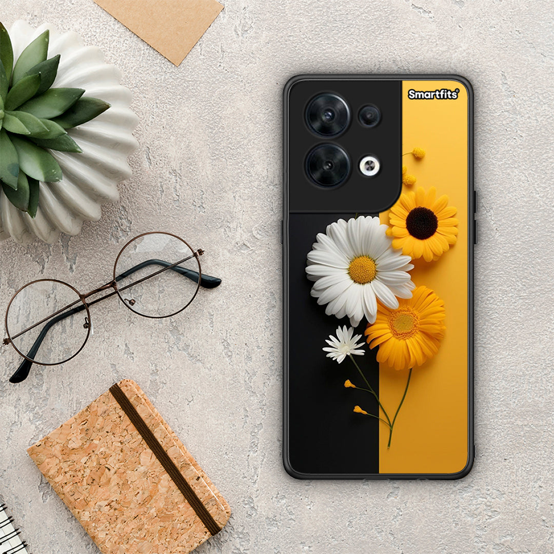 Θήκη Oppo Reno8 5G Yellow Daisies από τη Smartfits με σχέδιο στο πίσω μέρος και μαύρο περίβλημα | Oppo Reno8 5G Yellow Daisies Case with Colorful Back and Black Bezels