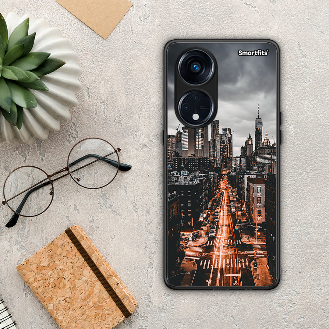 Θήκη Oppo A98 City Lights από τη Smartfits με σχέδιο στο πίσω μέρος και μαύρο περίβλημα | Oppo A98 City Lights Case with Colorful Back and Black Bezels