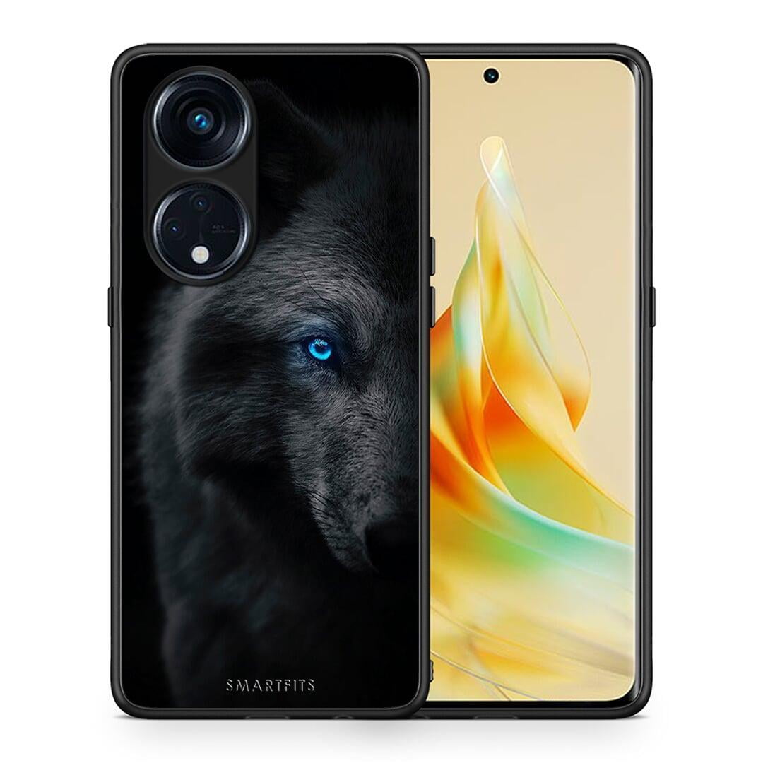 Θήκη Oppo A98 Dark Wolf από τη Smartfits με σχέδιο στο πίσω μέρος και μαύρο περίβλημα | Oppo A98 Dark Wolf Case with Colorful Back and Black Bezels