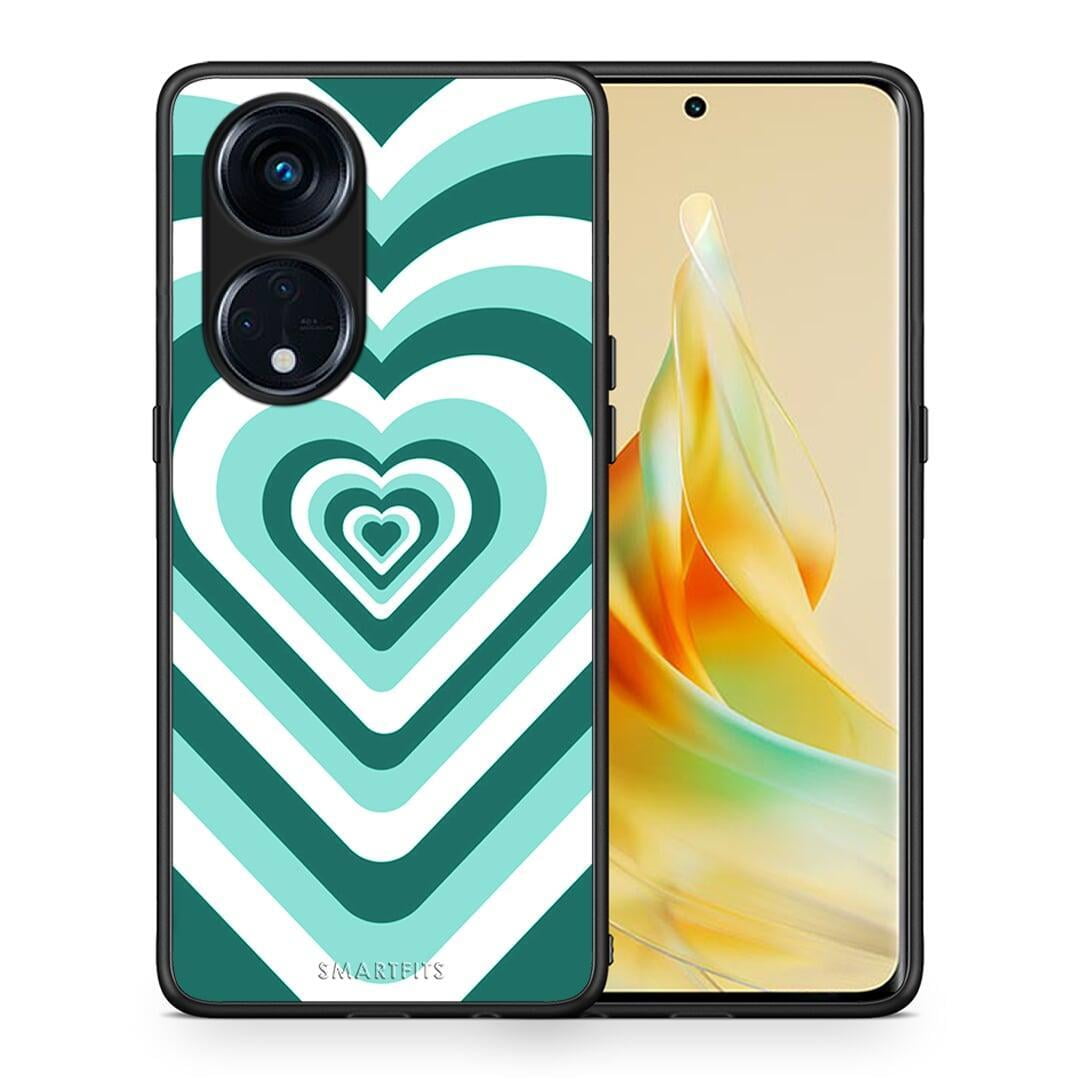 Θήκη Oppo A98 Green Hearts από τη Smartfits με σχέδιο στο πίσω μέρος και μαύρο περίβλημα | Oppo A98 Green Hearts Case with Colorful Back and Black Bezels