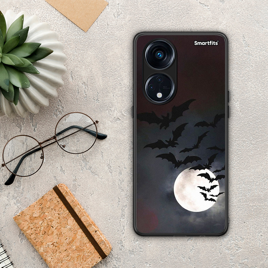 Θήκη Oppo A98 Halloween Bat Night από τη Smartfits με σχέδιο στο πίσω μέρος και μαύρο περίβλημα | Oppo A98 Halloween Bat Night Case with Colorful Back and Black Bezels