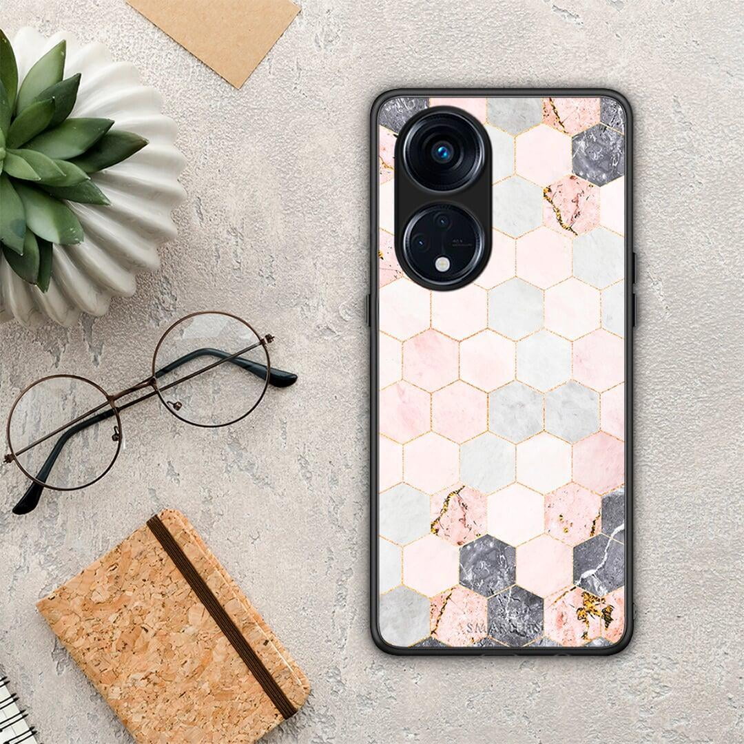 Θήκη Oppo A98 Marble Hexagon Pink από τη Smartfits με σχέδιο στο πίσω μέρος και μαύρο περίβλημα | Oppo A98 Marble Hexagon Pink Case with Colorful Back and Black Bezels