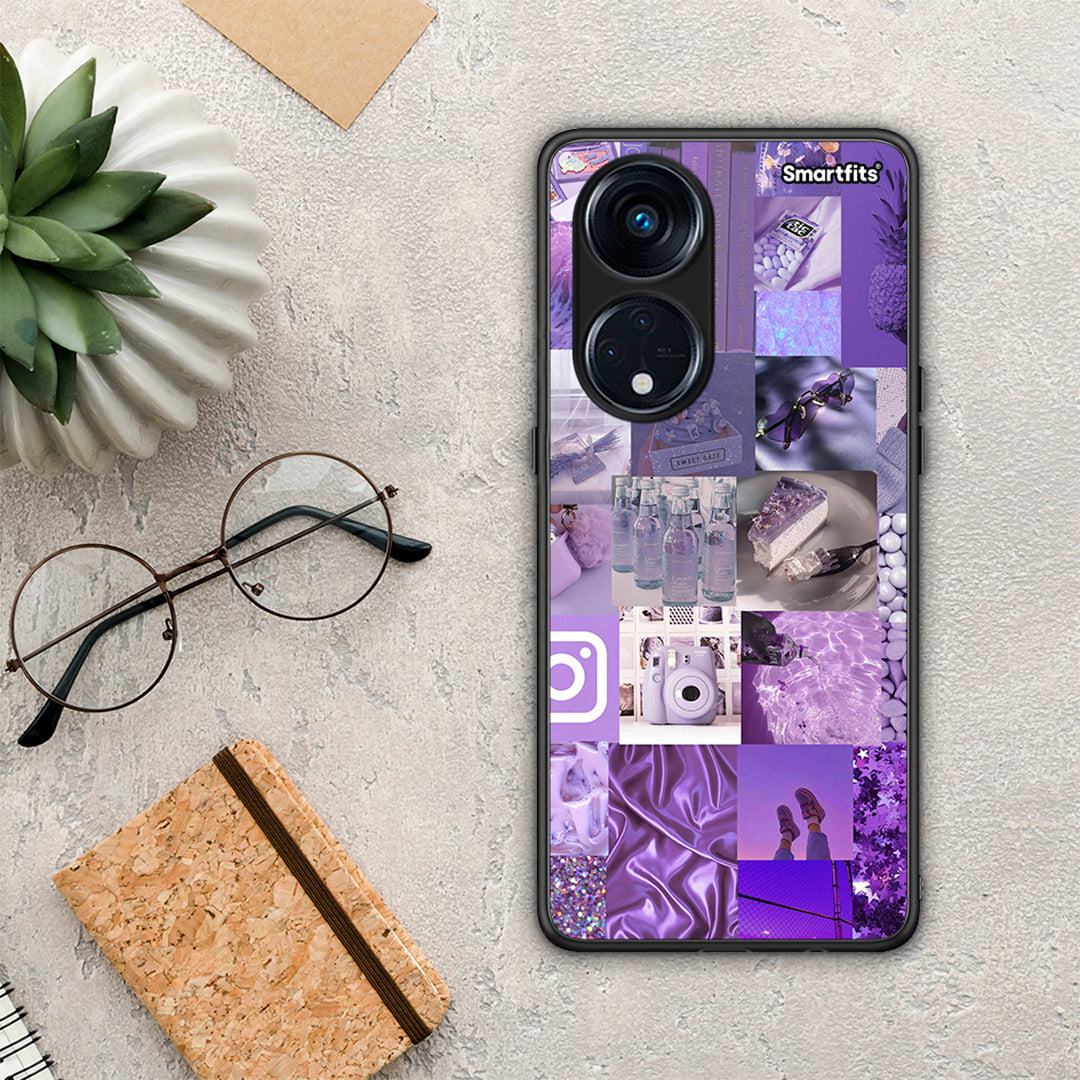 Θήκη Oppo Reno8T 5G / A1 Pro Purple Aesthetic Collage από τη Smartfits με σχέδιο στο πίσω μέρος και μαύρο περίβλημα | Oppo Reno8T 5G / A1 Pro Purple Aesthetic Collage Case with Colorful Back and Black Bezels