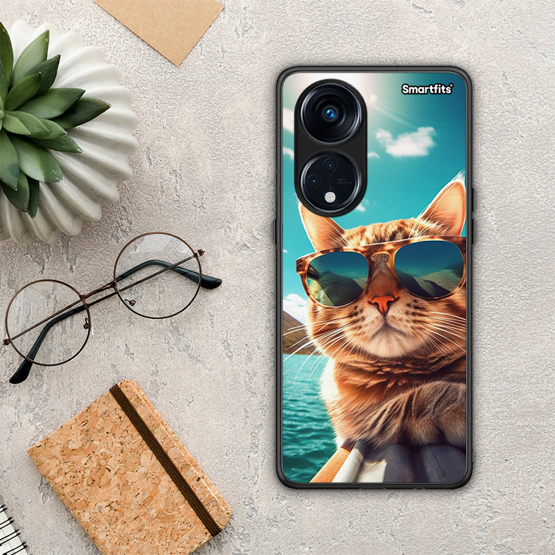 Θήκη Oppo Reno8T 5G / A98 Summer Cat από τη Smartfits με σχέδιο στο πίσω μέρος και μαύρο περίβλημα | Oppo Reno8T 5G / A98 Summer Cat Case with Colorful Back and Black Bezels