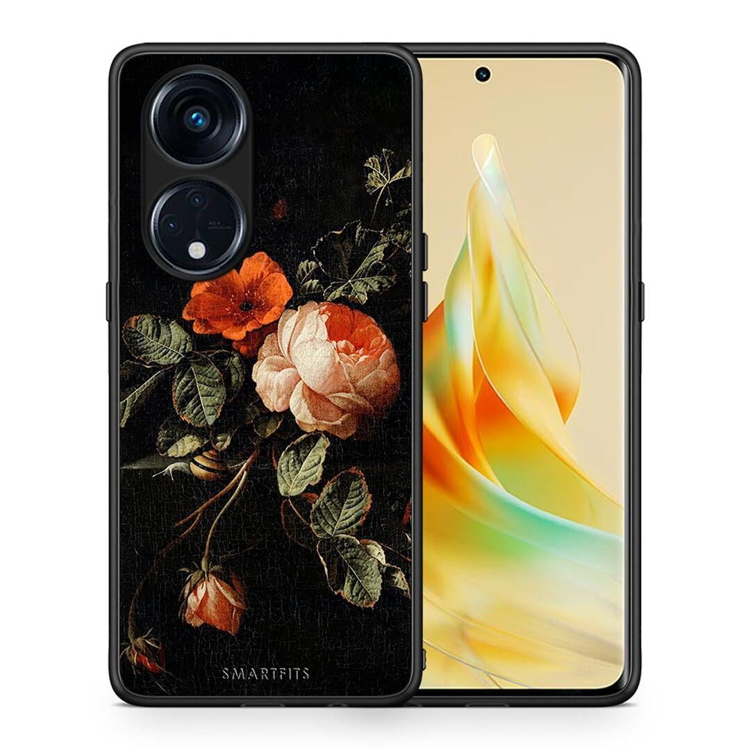 Θήκη Oppo A98 Vintage Roses από τη Smartfits με σχέδιο στο πίσω μέρος και μαύρο περίβλημα | Oppo A98 Vintage Roses Case with Colorful Back and Black Bezels