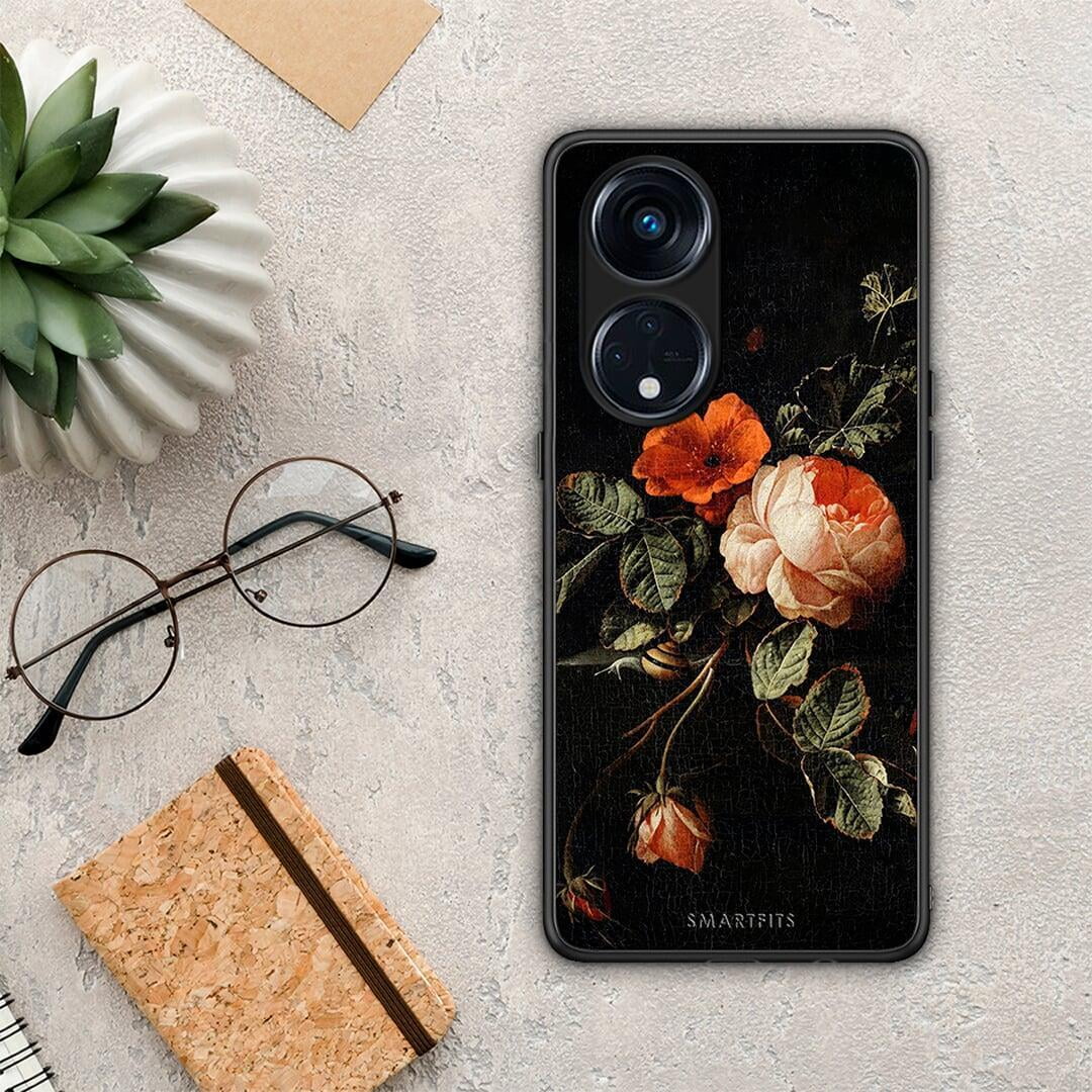 Θήκη Oppo A98 Vintage Roses από τη Smartfits με σχέδιο στο πίσω μέρος και μαύρο περίβλημα | Oppo A98 Vintage Roses Case with Colorful Back and Black Bezels