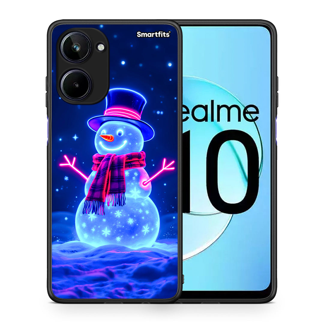 Θήκη Realme 10 Christmas Neon Snowman από τη Smartfits με σχέδιο στο πίσω μέρος και μαύρο περίβλημα | Realme 10 Christmas Neon Snowman Case with Colorful Back and Black Bezels