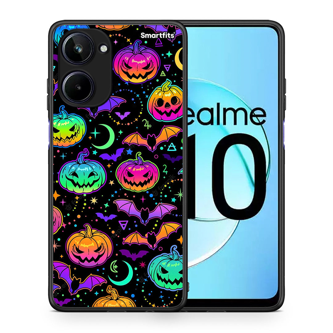 Θήκη Realme 10 Neon Halloween από τη Smartfits με σχέδιο στο πίσω μέρος και μαύρο περίβλημα | Realme 10 Neon Halloween Case with Colorful Back and Black Bezels