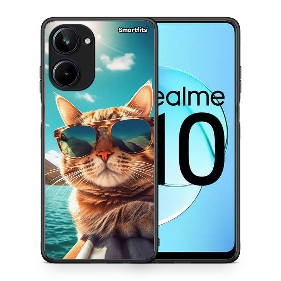 Θήκη Realme 10 Summer Cat από τη Smartfits με σχέδιο στο πίσω μέρος και μαύρο περίβλημα | Realme 10 Summer Cat Case with Colorful Back and Black Bezels