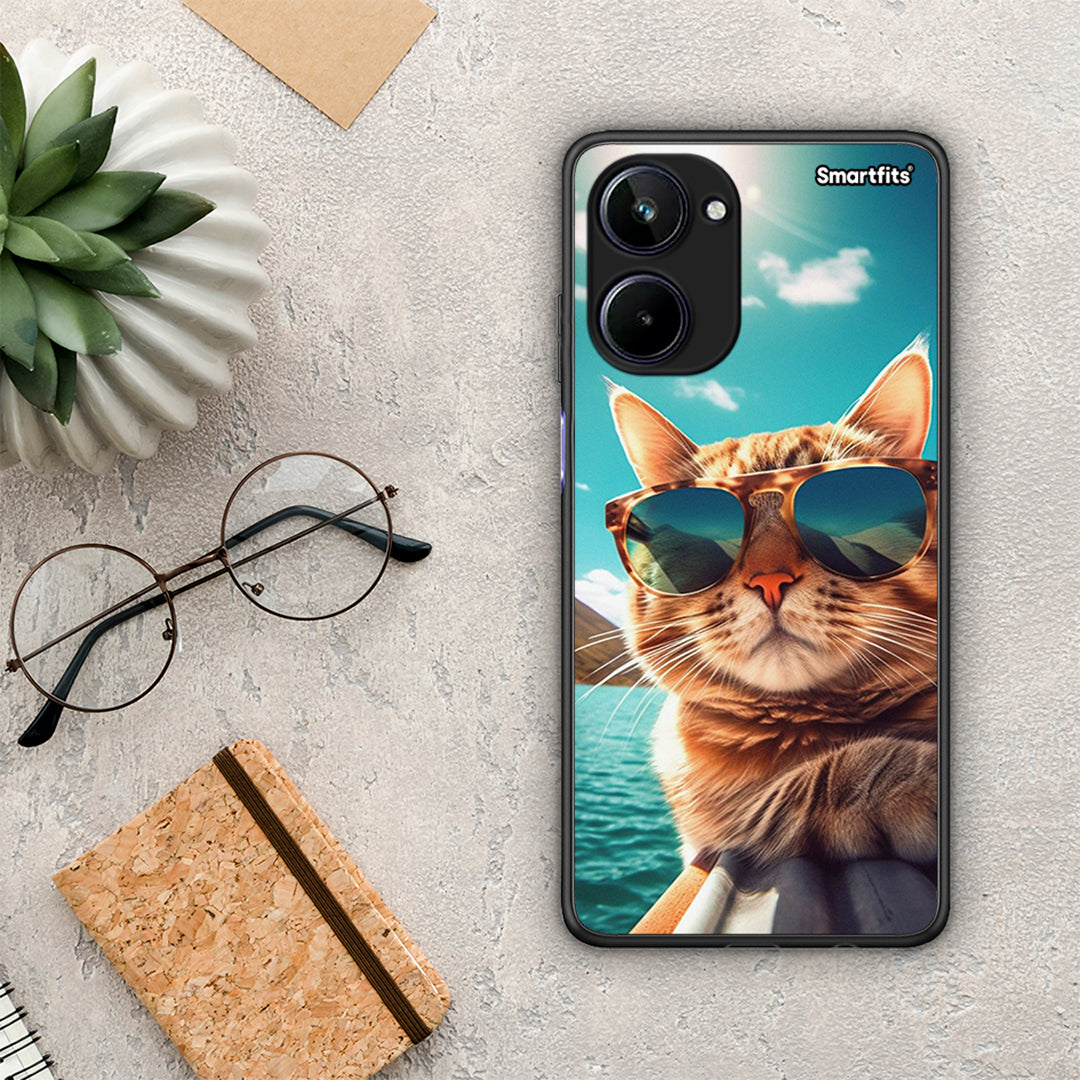 Θήκη Realme 10 Summer Cat από τη Smartfits με σχέδιο στο πίσω μέρος και μαύρο περίβλημα | Realme 10 Summer Cat Case with Colorful Back and Black Bezels