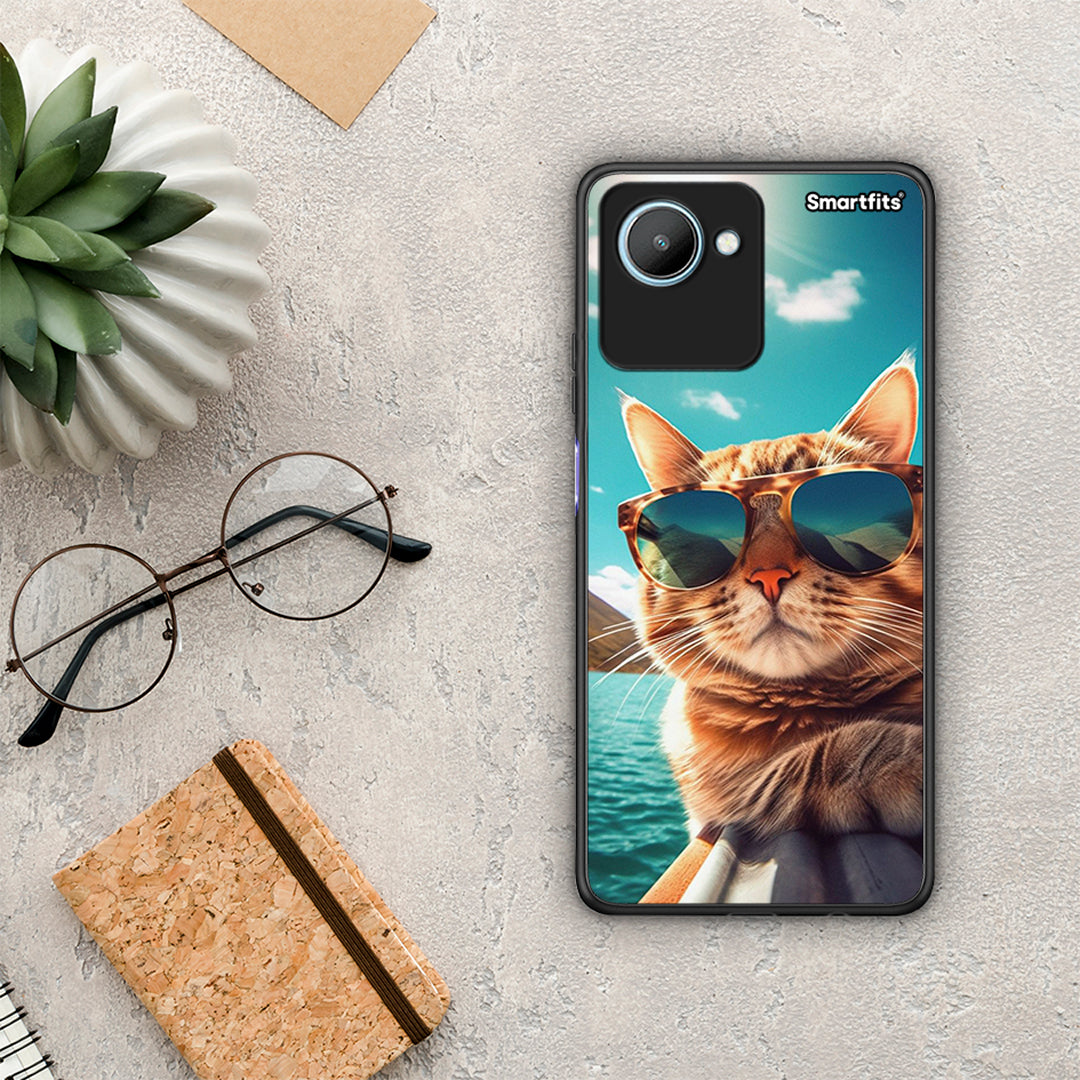 Θήκη Realme C30 Summer Cat από τη Smartfits με σχέδιο στο πίσω μέρος και μαύρο περίβλημα | Realme C30 Summer Cat Case with Colorful Back and Black Bezels