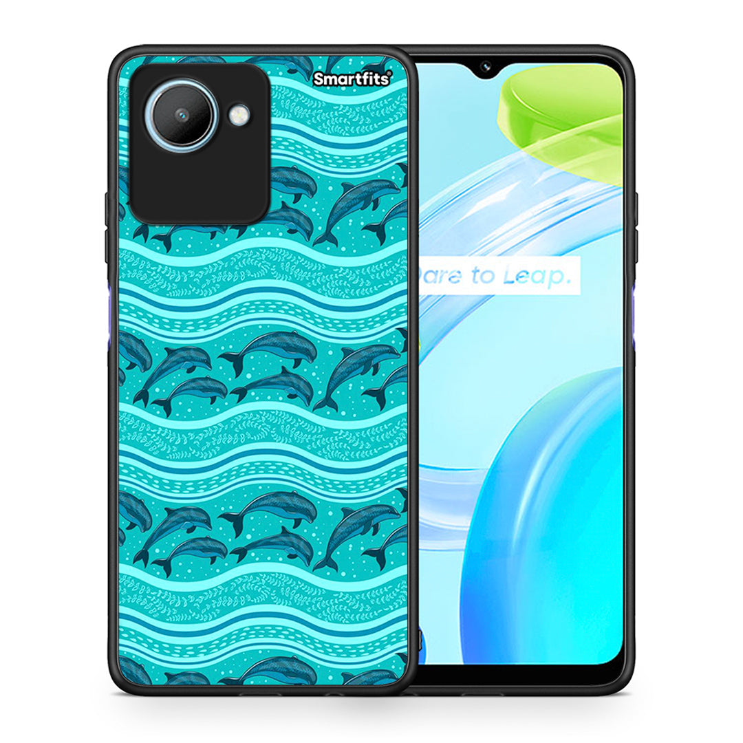 Θήκη Realme C30 Swimming Dolphins από τη Smartfits με σχέδιο στο πίσω μέρος και μαύρο περίβλημα | Realme C30 Swimming Dolphins Case with Colorful Back and Black Bezels