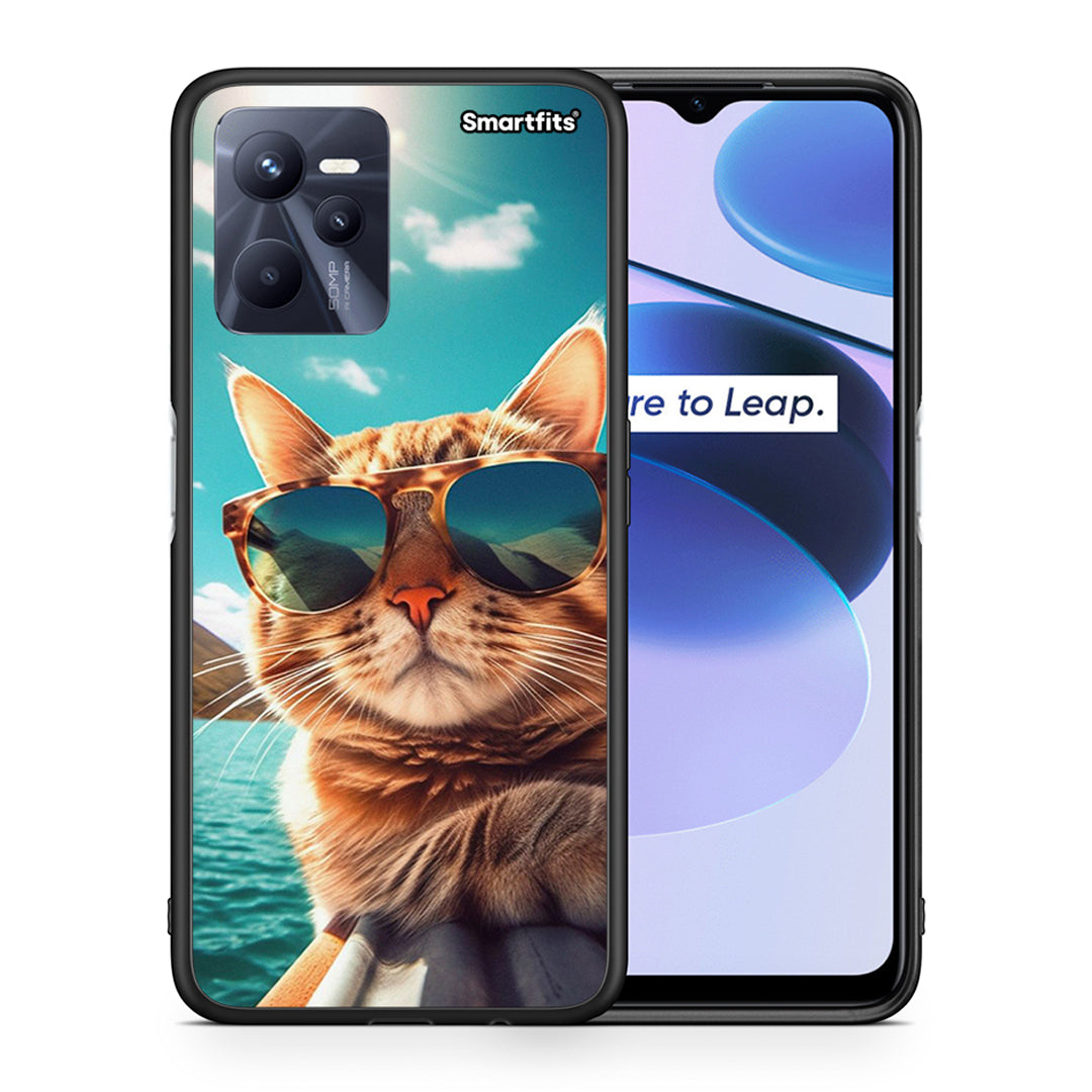 Θήκη Realme C35 Summer Cat από τη Smartfits με σχέδιο στο πίσω μέρος και μαύρο περίβλημα | Realme C35 Summer Cat case with colorful back and black bezels