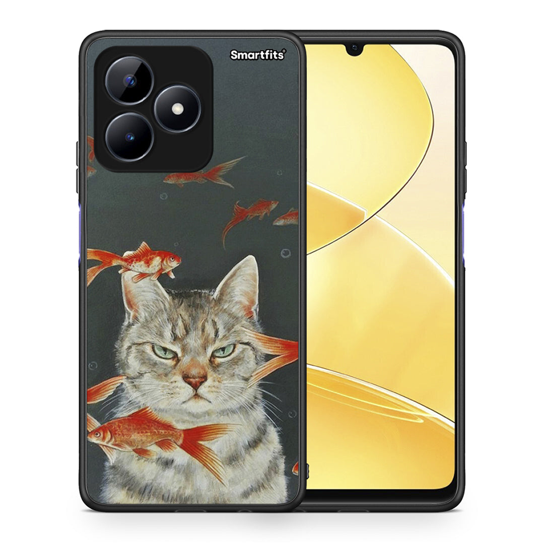Θήκη Realme C51 Cat Goldfish από τη Smartfits με σχέδιο στο πίσω μέρος και μαύρο περίβλημα | Realme C51 Cat Goldfish case with colorful back and black bezels