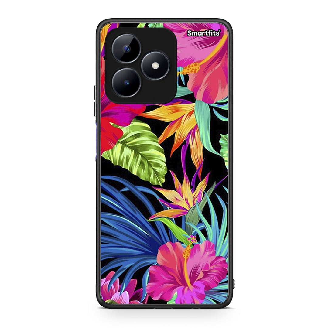 Realme C51 Tropical Flowers θήκη από τη Smartfits με σχέδιο στο πίσω μέρος και μαύρο περίβλημα | Smartphone case with colorful back and black bezels by Smartfits