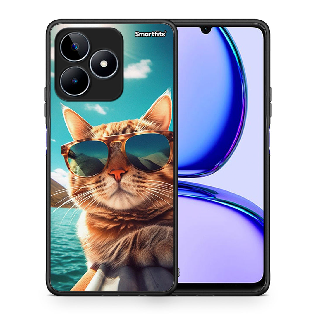 Θήκη Realme C53 Summer Cat από τη Smartfits με σχέδιο στο πίσω μέρος και μαύρο περίβλημα | Realme C53 Summer Cat case with colorful back and black bezels