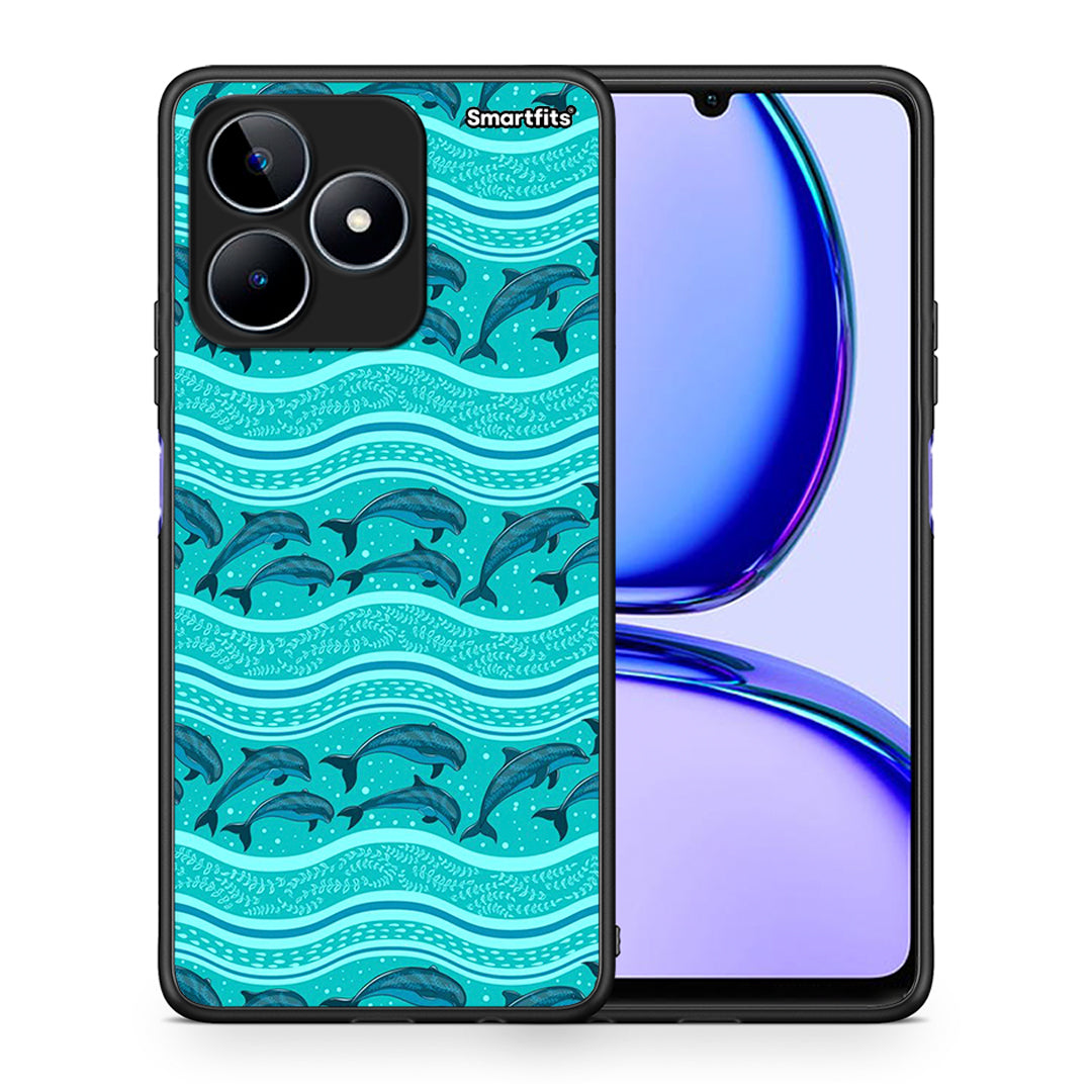 Θήκη Realme C53 Swimming Dolphins από τη Smartfits με σχέδιο στο πίσω μέρος και μαύρο περίβλημα | Realme C53 Swimming Dolphins case with colorful back and black bezels