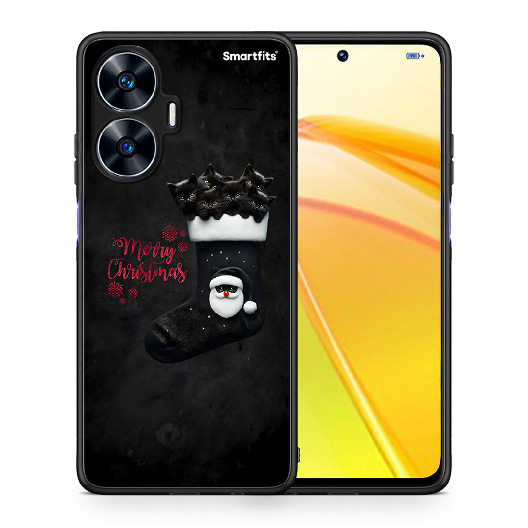 Θήκη Realme C55 Dual Merry Cat Christmas από τη Smartfits με σχέδιο στο πίσω μέρος και μαύρο περίβλημα | Realme C55 Dual Merry Cat Christmas Case with Colorful Back and Black Bezels