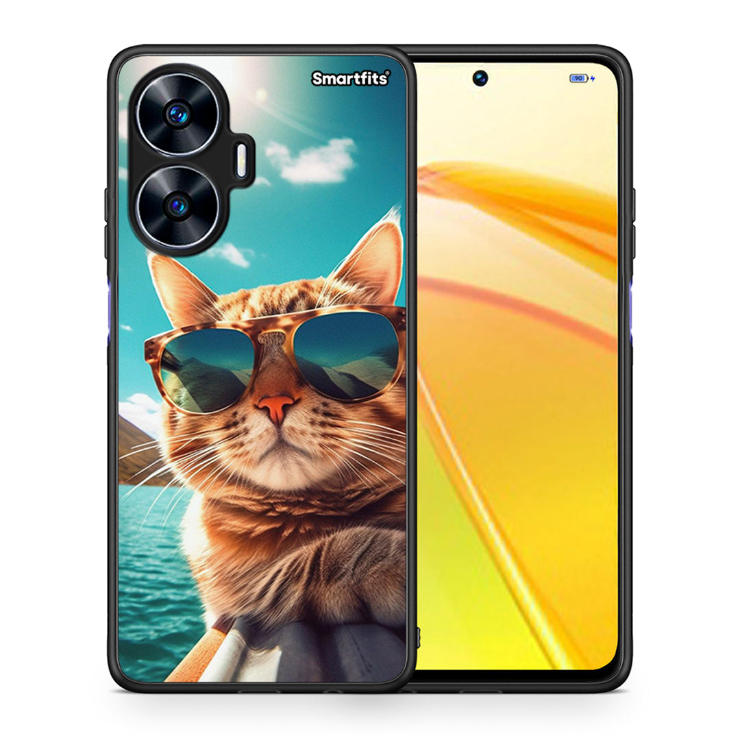 Θήκη Realme C55 Dual Summer Cat από τη Smartfits με σχέδιο στο πίσω μέρος και μαύρο περίβλημα | Realme C55 Dual Summer Cat Case with Colorful Back and Black Bezels