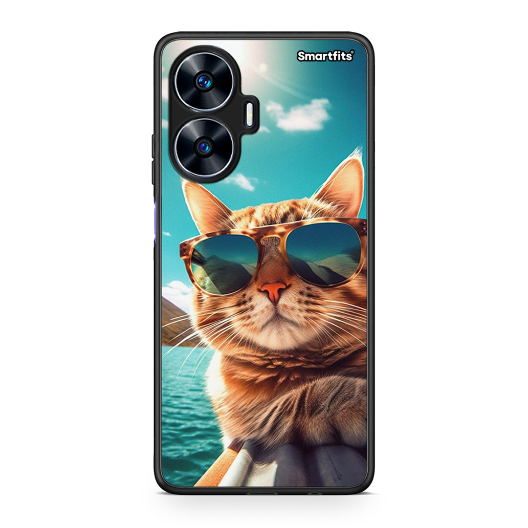 Θήκη Realme C55 Dual Summer Cat από τη Smartfits με σχέδιο στο πίσω μέρος και μαύρο περίβλημα | Realme C55 Dual Summer Cat Case with Colorful Back and Black Bezels