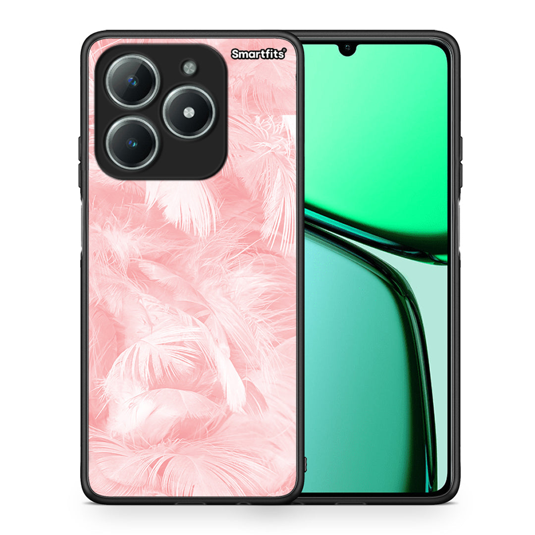 Θήκη Realme C61 Pink Feather Boho από τη Smartfits με σχέδιο στο πίσω μέρος και μαύρο περίβλημα | Realme C61 Pink Feather Boho case with colorful back and black bezels