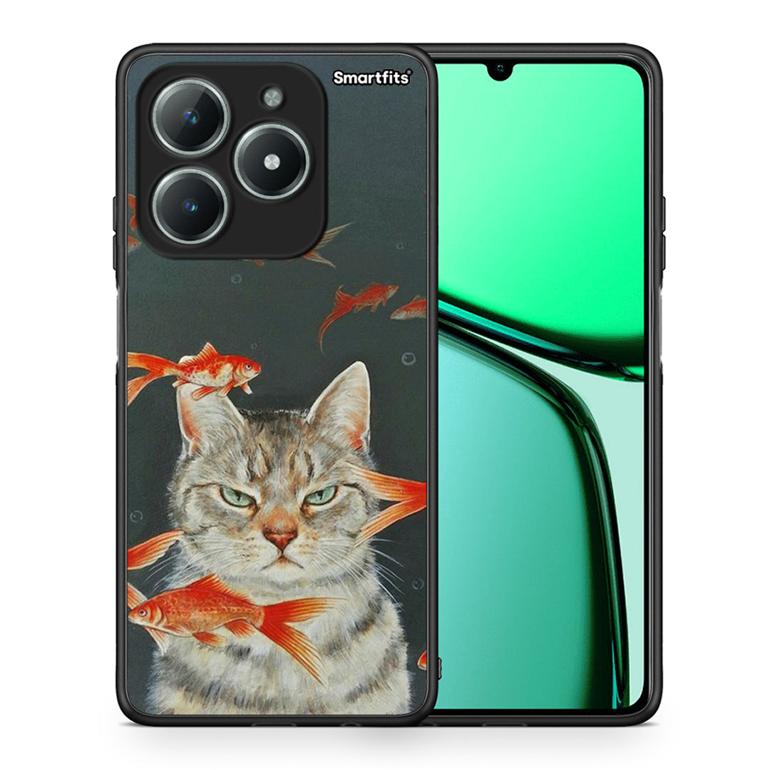 Θήκη Realme C61 Cat Goldfish από τη Smartfits με σχέδιο στο πίσω μέρος και μαύρο περίβλημα | Realme C61 Cat Goldfish case with colorful back and black bezels