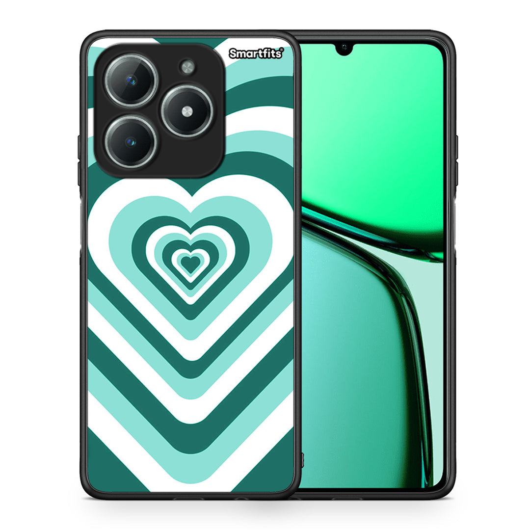 Θήκη Realme C61 Green Hearts από τη Smartfits με σχέδιο στο πίσω μέρος και μαύρο περίβλημα | Realme C61 Green Hearts case with colorful back and black bezels