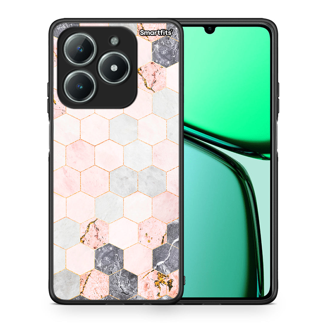 Θήκη Realme C61 Hexagon Pink Marble από τη Smartfits με σχέδιο στο πίσω μέρος και μαύρο περίβλημα | Realme C61 Hexagon Pink Marble case with colorful back and black bezels