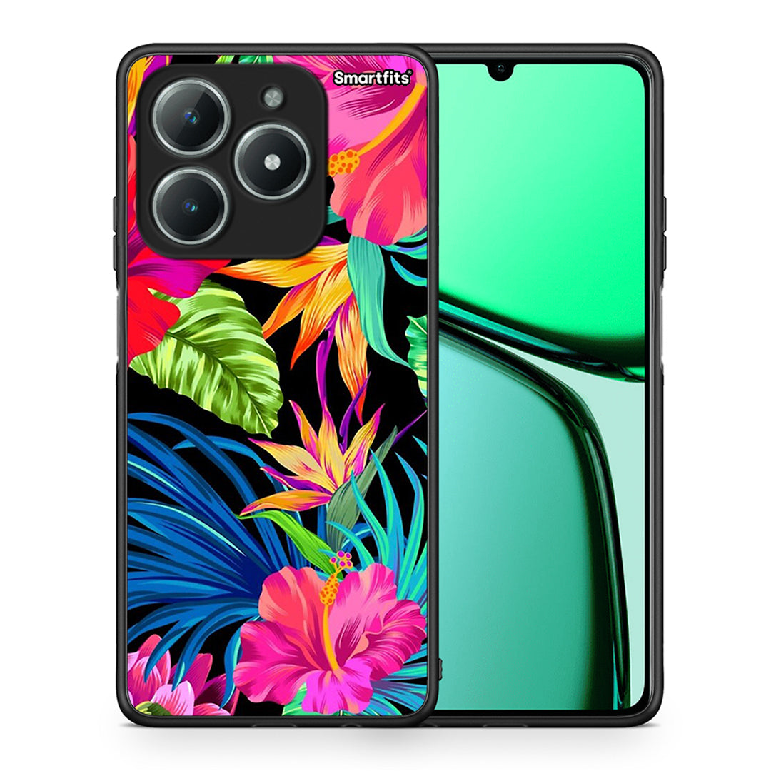 Θήκη Realme C63 4G Tropical Flowers από τη Smartfits με σχέδιο στο πίσω μέρος και μαύρο περίβλημα | Realme C63 4G Tropical Flowers case with colorful back and black bezels