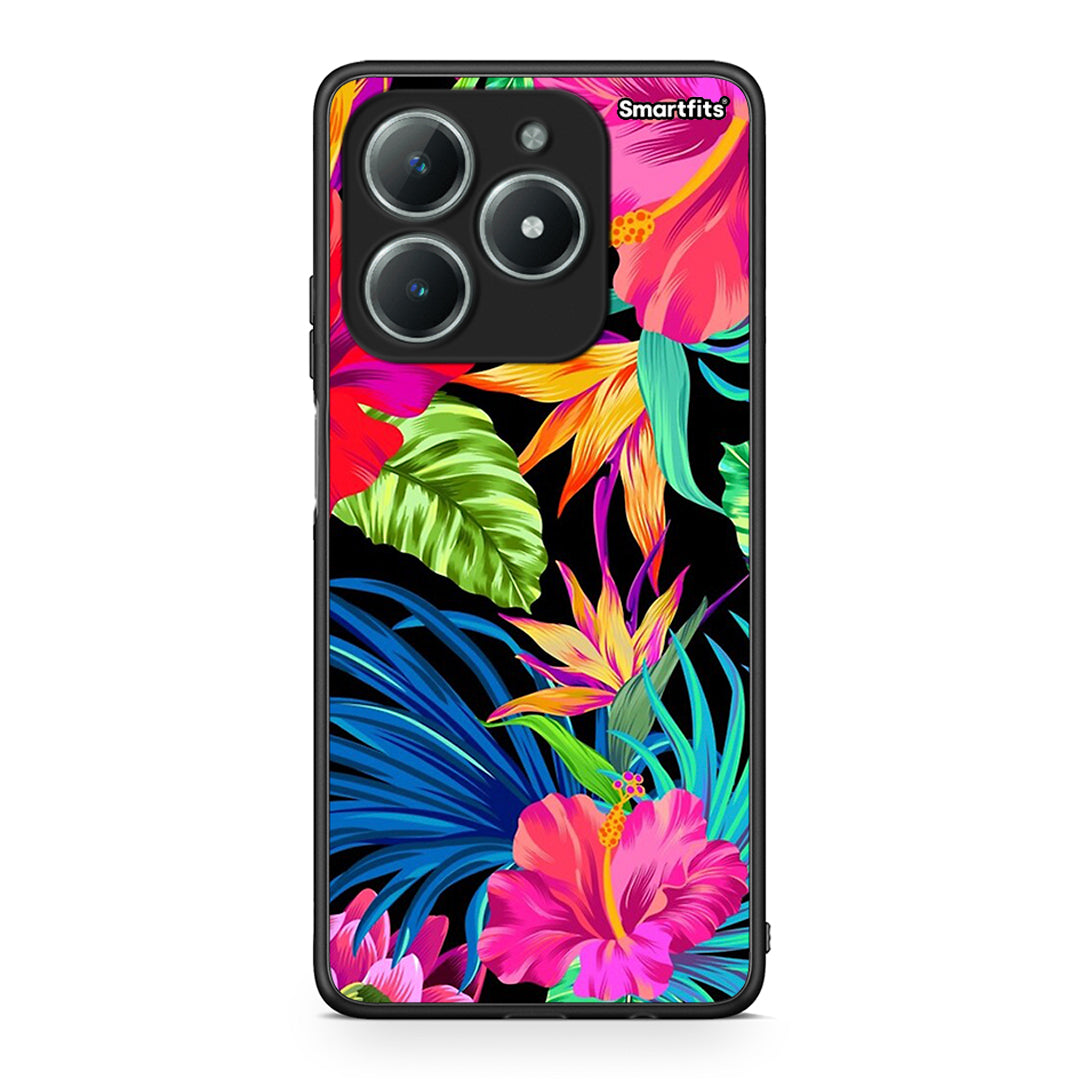 Realme C61 Tropical Flowers θήκη από τη Smartfits με σχέδιο στο πίσω μέρος και μαύρο περίβλημα | Smartphone case with colorful back and black bezels by Smartfits