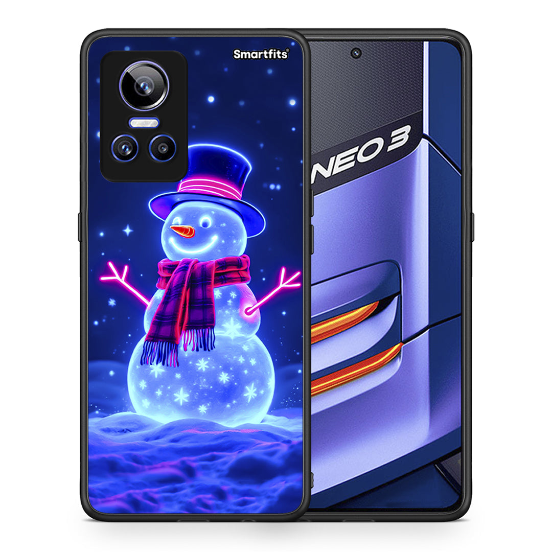 Θήκη Realme GT Neo 3 Christmas Neon Snowman από τη Smartfits με σχέδιο στο πίσω μέρος και μαύρο περίβλημα | Realme GT Neo 3 Christmas Neon Snowman case with colorful back and black bezels